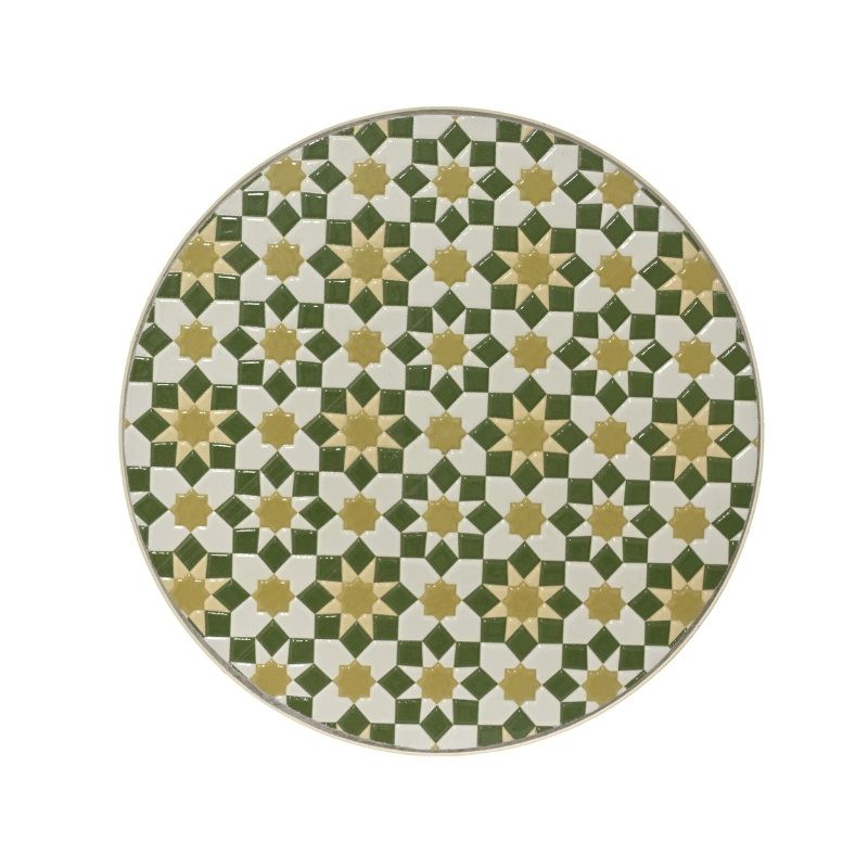 Round mosaic side table with green and white checkered pattern and gold star motifs, featuring a cream border and metallic rim