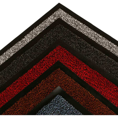Dosco Dust Control Ultimat doormat 60cm x 90cm displayed in nested chevron layers showing available colors including light gray, dark gray, red, brown and blue with black rubber borders