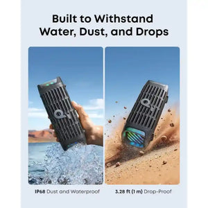 Soundcore Boom 3i portable Bluetooth speaker demonstrating durability features with IP68 waterproof rating shown splashing in water on left panel and 3.28 ft drop-proof capability shown impacting sand on right panel, black rugged cylindrical design with green LED display visible