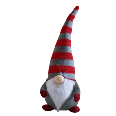 Three Kings Mr Yule plush gonk with tall red and grey striped knitted hat, white beard, grey body and red felt hands and feet