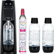Happy Frizz Mio black soda water maker machine with CO2 cartridge and two reusable bottles featuring carbonated water dispenser system