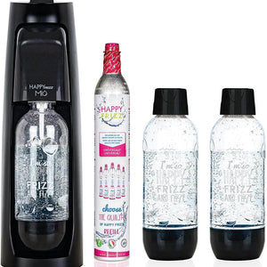 Happy Frizz Mio black soda water maker machine with CO2 cartridge and two reusable bottles featuring carbonated water dispenser system