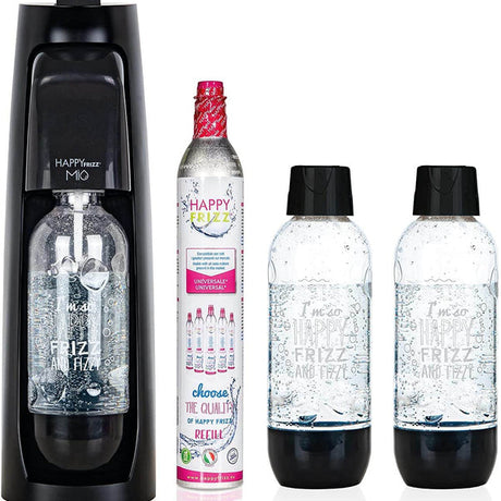 Happy Frizz Mio black soda water maker machine with CO2 cartridge and two reusable bottles featuring carbonated water dispenser system