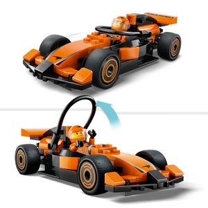 LEGO F1 Driver with McLaren Race Car 60442 featuring orange and black racing vehicle shown in built and instruction form with minifigure driver and opening cockpit canopy