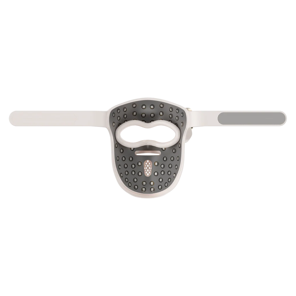 Dreame Chrona LED Face Mask in white and dark grey with perforated design, featuring oval eye opening and chin cutout, displayed flat against white background