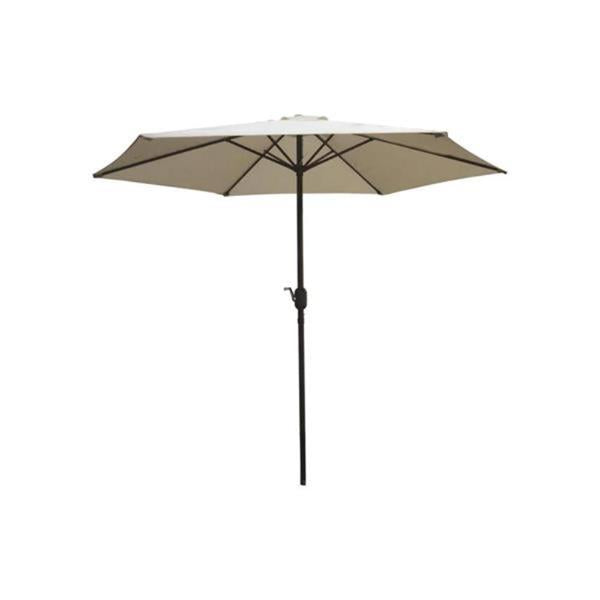 Euroactive taupe garden parasol with 2.7 metre diameter, featuring crank and tilt mechanism, dark metal pole, and multi-panelled canopy design