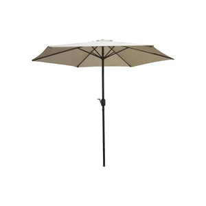 Euroactive taupe garden parasol with 2.7 metre diameter, featuring crank and tilt mechanism, dark metal pole, and multi-panelled canopy design