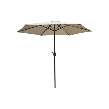 Euroactive taupe garden parasol with 2.7 metre diameter, featuring crank and tilt mechanism, dark metal pole, and multi-panelled canopy design