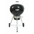 Black spherical charcoal kettle BBQ with 55cm diameter, stainless steel tripod legs with wheels, chrome handles and vents, dome lid with glass window handle, front view on white background