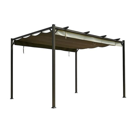 Euroactive pergola with retractable roof featuring dark metal frame and tan fabric canopy, 3 metre by 4 metre outdoor shade structure