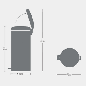 Brabantia 30 Litre New Icon Pedal Bin in champagne with dimensions shown, featuring front and side view of cylindrical metal waste bin with foot pedal and rounded lid, alongside circular top view diagram with measurement specifications