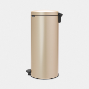 Brabantia 30 litre New Icon pedal bin in champagne finish with stainless steel cylindrical body and black foot pedal and handle