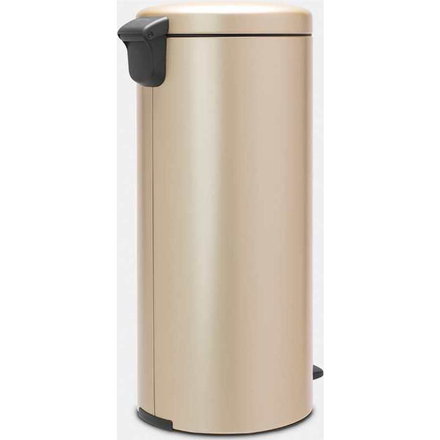 Brabantia 30 Litre New Icon Pedal Bin in champagne with black handle and foot pedal, cylindrical stainless steel design