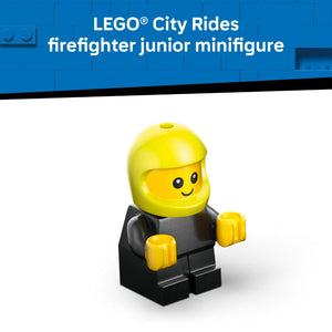 LEGO City Rides firefighter junior minifigure with bright yellow helmet and head, black torso and legs, and yellow hands, shown against blue LEGO brick background