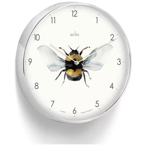 Acctim Society Bee silver analogue wall clock with watercolor bumblebee design on white face and black hour hands