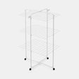 White metal clothes airer tower with three horizontal shelves, X-frame base with four black caster wheels, featuring 23 metres of drying space with parallel drying rails