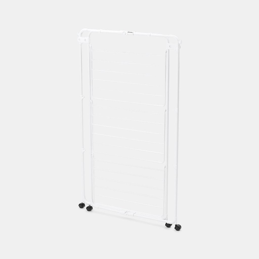 White Brabantia Hang On Tower clothes airer with horizontal drying rails and black caster wheels on a light background