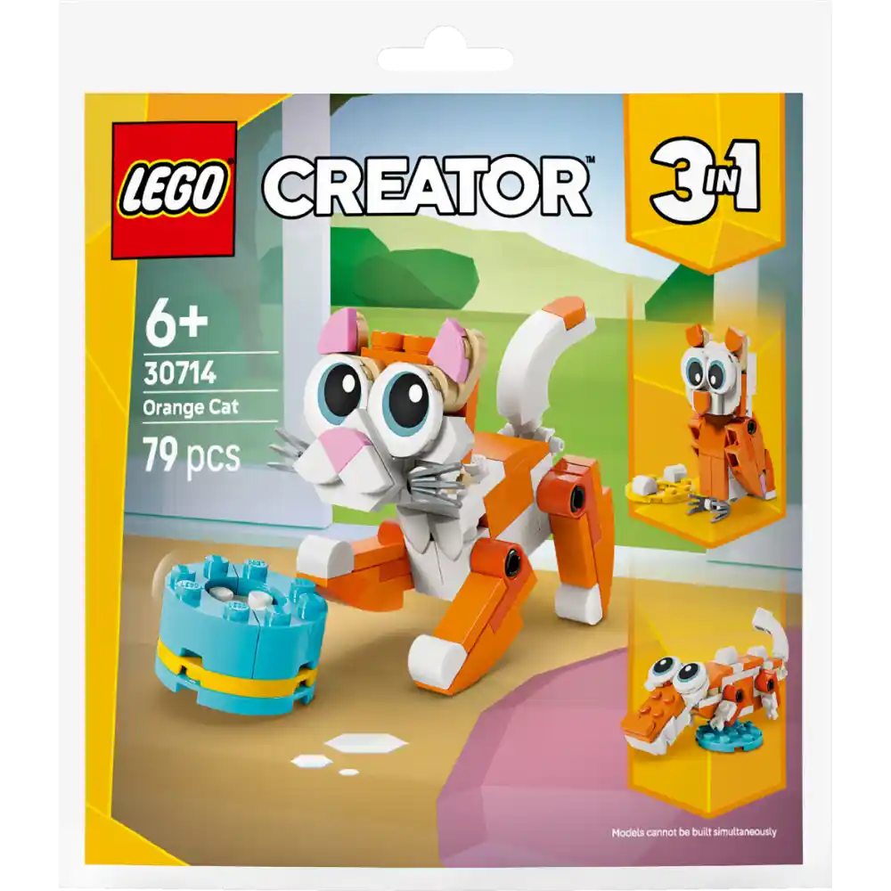 LEGO Creator 3 in 1 Orange Cat set 30714 package showing buildable orange and white cat figure with pink ears, blue baseplate accessory, and three alternative build variations displayed on yellow banner sections, 79 pieces, ages 6 and up