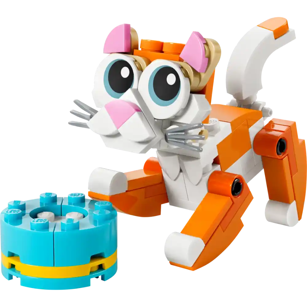 LEGO Creator 3 in 1 orange and white cat building set with pink ears and bow, featuring articulated orange limbs and joints, displayed with turquoise and yellow circular base plate component
