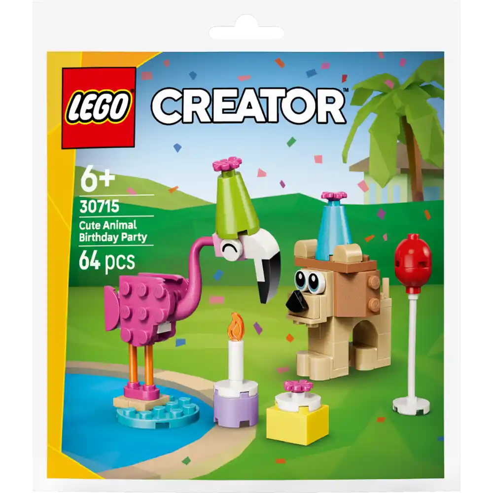 LEGO Creator Cute Animal Birthday Party set 30715 featuring a pink ostrich, tan dog character, party decorations and accessories on green grass background with blue water feature