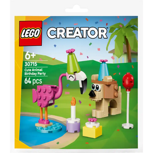 LEGO Creator Cute Animal Birthday Party set 30715 featuring a pink ostrich, tan dog character, party decorations and accessories on green grass background with blue water feature