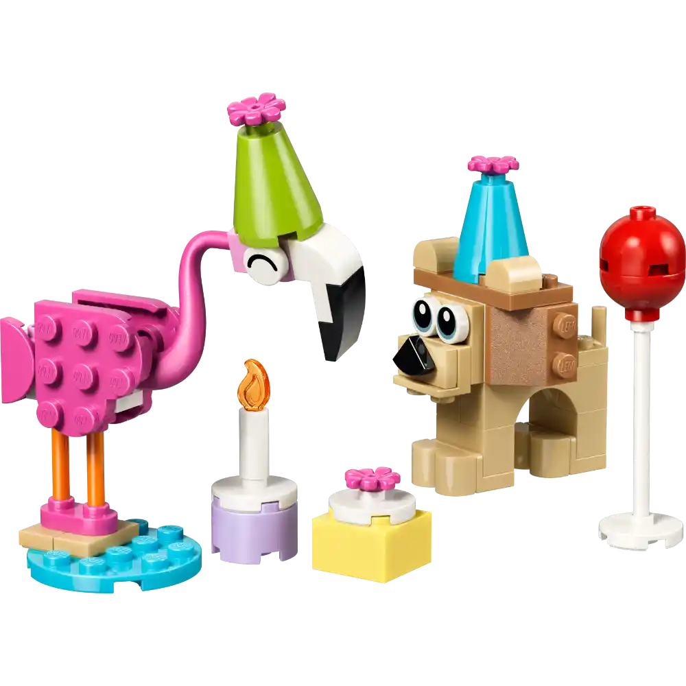 LEGO Creator Cute Animal Birthday Party set 30715 featuring a pink flamingo with green party hat, tan dog character with blue cone hat, white candle with flame, yellow gift box, and red balloon on white stand arranged on colorful base pieces