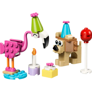 LEGO Creator Cute Animal Birthday Party set 30715 featuring a pink flamingo with green party hat, tan dog character with blue cone hat, white candle with flame, yellow gift box, and red balloon on white stand arranged on colorful base pieces