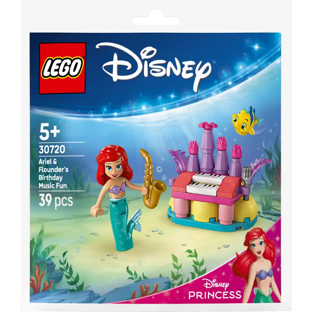 LEGO Disney Princess set 30720 Ariel and Flounder's Birthday Music Fun featuring minifigure of Ariel with red hair holding golden saxophone, yellow fish character, colorful pink and purple castle stage with piano keyboard, underwater scene with coral and seaweed, 39 pieces, age 5 plus