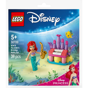 LEGO Disney Princess set 30720 Ariel and Flounder's Birthday Music Fun featuring minifigure of Ariel with red hair holding golden saxophone, yellow fish character, colorful pink and purple castle stage with piano keyboard, underwater scene with coral and seaweed, 39 pieces, age 5 plus