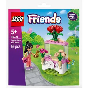 LEGO Friends Flower Stand with Roses set 30721 showing a colorful flower shop display with pink and white base, red roses, potted flowers in tan and green, a female minifigure with black hair in pink outfit, and accessories on a green grassy background with blue sky, 55 pieces for ages 5 and up