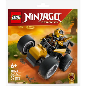 LEGO Ninjago Legacy Cole's Car set 30723 featuring a black and gold minifigure vehicle with large black wheels on orange dirt terrain background, 39 pieces, ages 6+