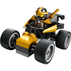 LEGO Ninjago Cole's yellow and black racing car with minifigure driver, featuring large black tires with white rims and gold armor pieces