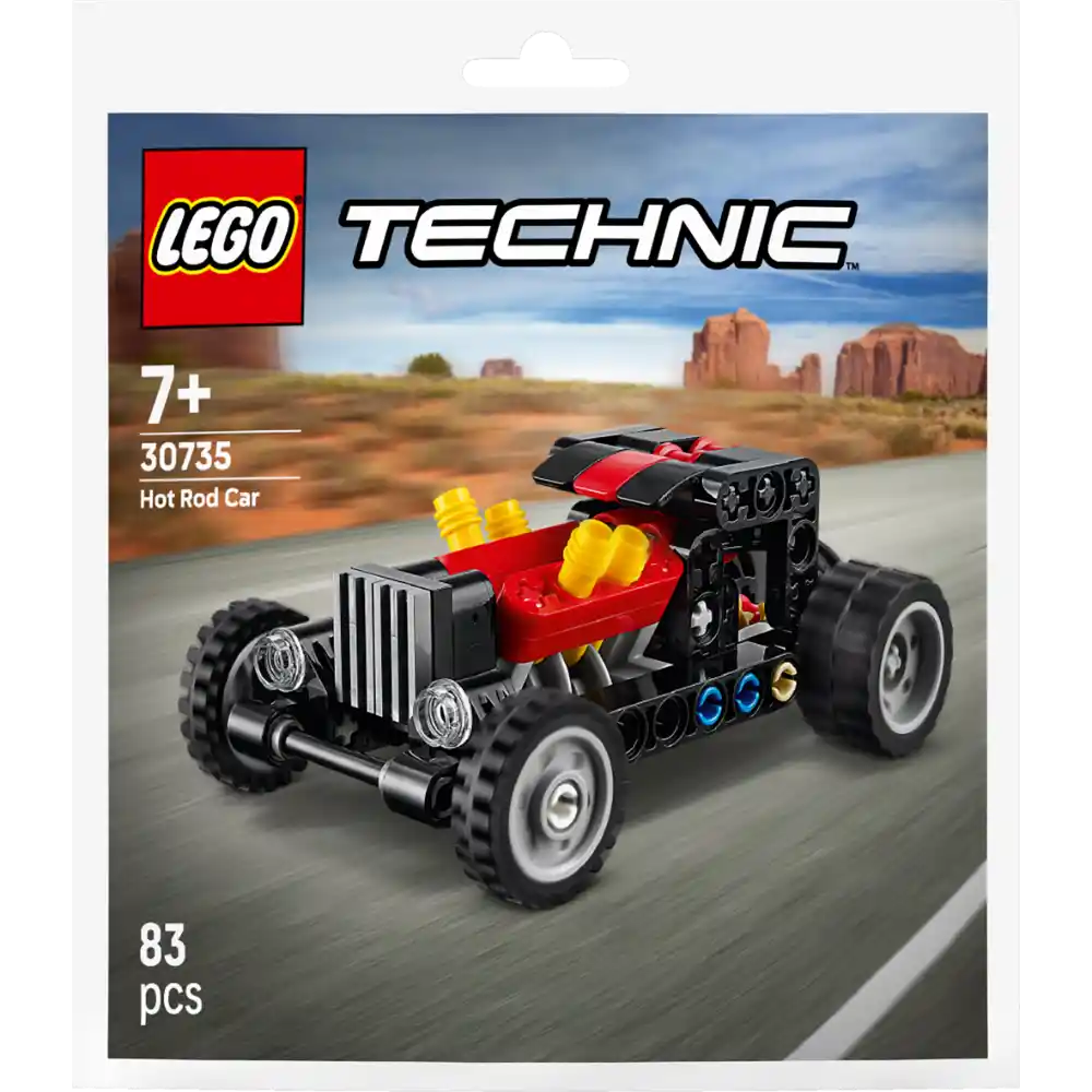 LEGO Technic Hot Rod Car set 30735 featuring a red and black buildable hot rod with yellow flame details, large black wheels, chrome accents and engine components against a desert landscape background, 83 pieces, ages 7 and up