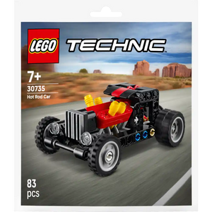 LEGO Technic Hot Rod Car set 30735 featuring a red and black buildable hot rod with yellow flame details, large black wheels, chrome accents and engine components against a desert landscape background, 83 pieces, ages 7 and up