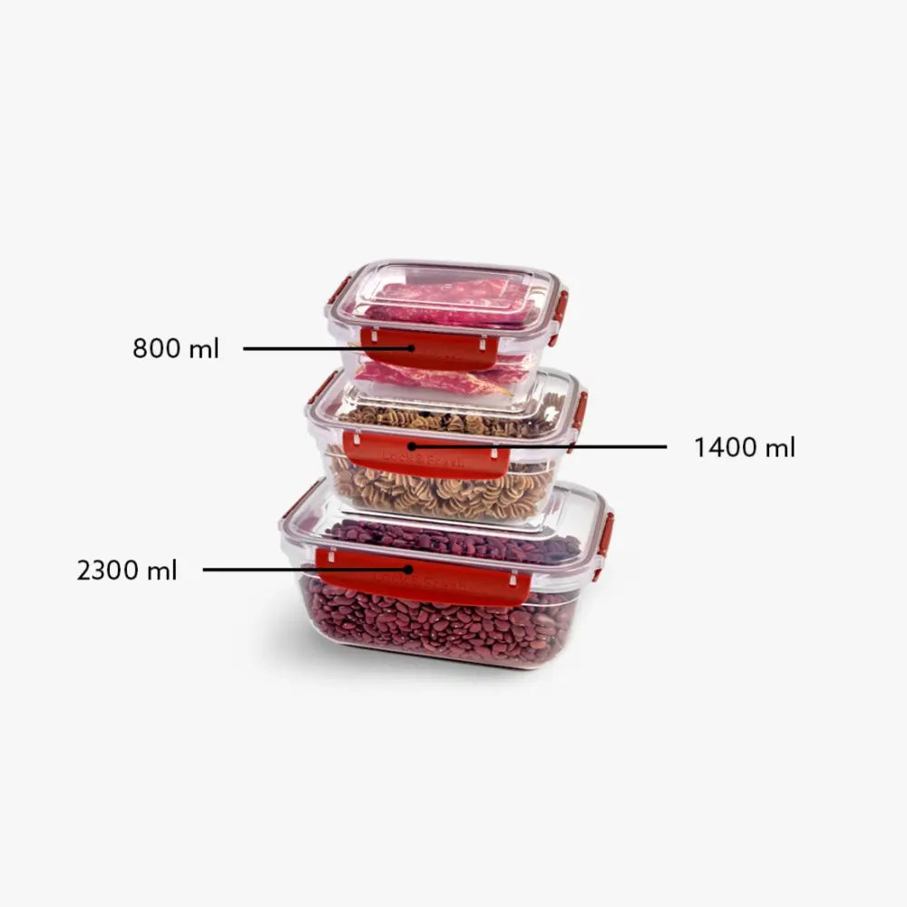 Three stacked rectangular glass food storage containers with red locking lids and clear lids, labeled with capacities of 800 ml, 1400 ml, and 2300 ml, containing red beans, pasta, and other dry goods