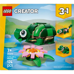 LEGO Creator 3-in-1 set 31377 featuring a green brick turtle with large eye and tan shell details, accompanied by a pink and yellow water lily flower on green lily pad leaves, displayed with two alternative animal build options shown on yellow banners, set against a natural landscape background with blue water, 124 pieces, age 7+