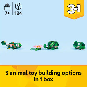 LEGO Creator 3-in-1 Turtle building set 31377 showing three green buildable turtle configurations with pink water lily flower, 124 pieces, ages 7 plus