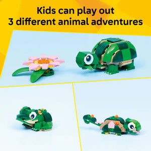 LEGO Creator 31377 three buildable turtle designs featuring green and pink construction blocks with white eyes, showing a water lily flower design, crocodile, and turtle variations on white background