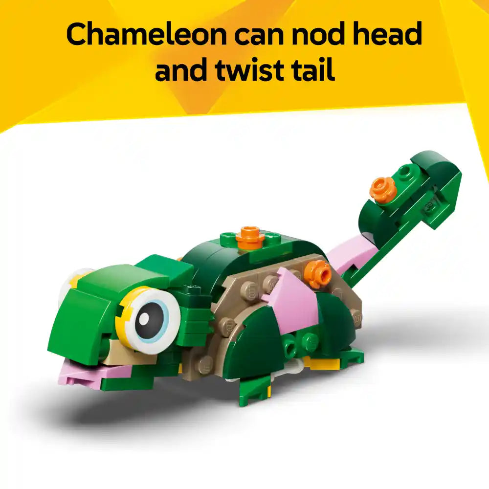 LEGO Creator chameleon building set with green and tan bricks featuring movable head and twisting tail, orange flower elements, and large blue eye detail