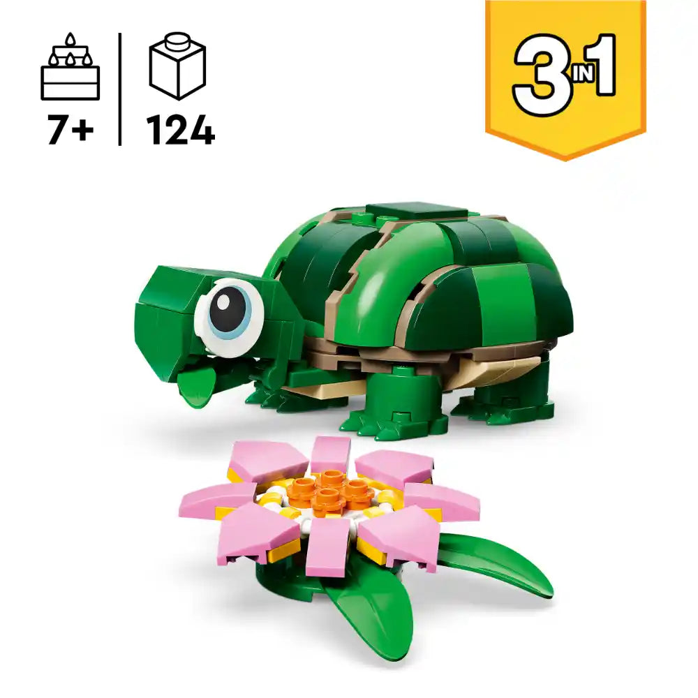 LEGO Creator 3-in-1 green turtle with tan shell straps and large eye piece shown with pink and yellow water lily flower build set containing 124 pieces for ages 7 and up