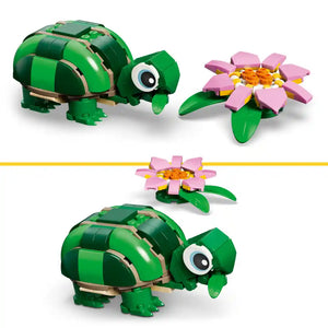 LEGO Creator set 31377 featuring a green buildable turtle with tan shell details and large eye, alongside a pink water lily flower with yellow center and green leaves, shown in multiple assembly views