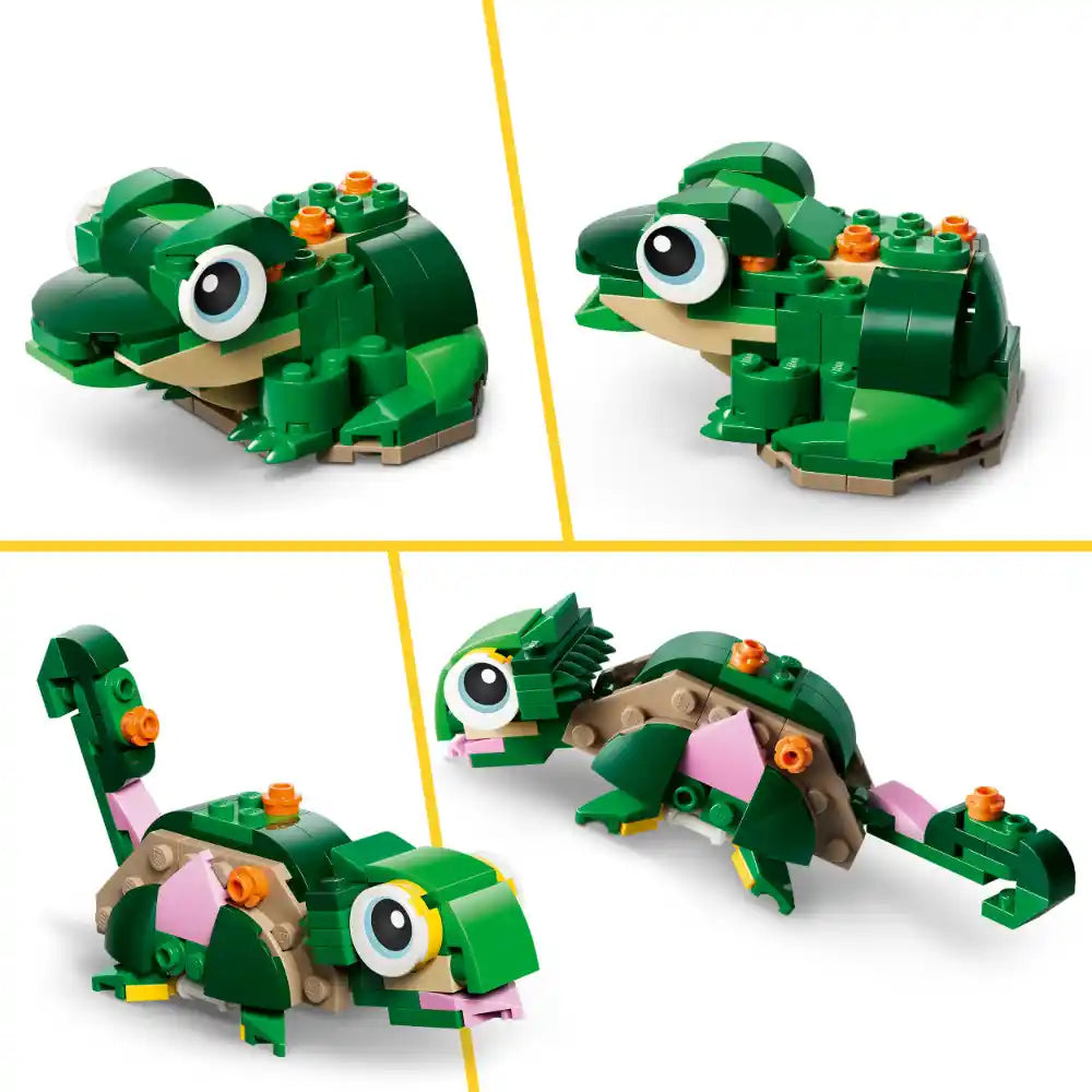 LEGO Creator 31377 buildable green turtle toy shown in four different assembled configurations featuring articulated parts, large expressive eyes, tan shell details, orange flower accents, and pink water lily elements in multiple build variations