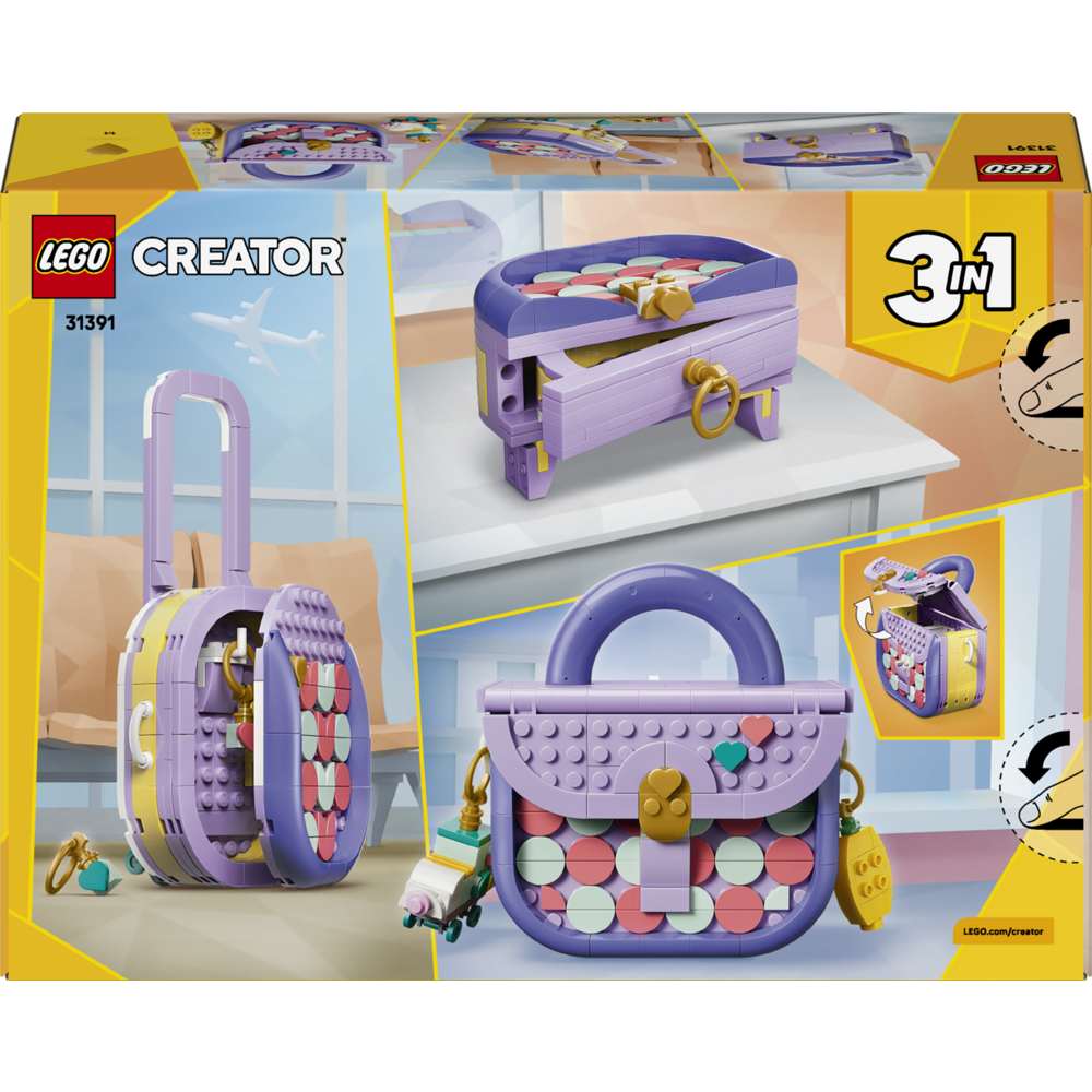 LEGO Creator Art Fashion Bag with Storage 31391 - the back of the box showing play features and box contents. 272 pieces. Ages 8+.
