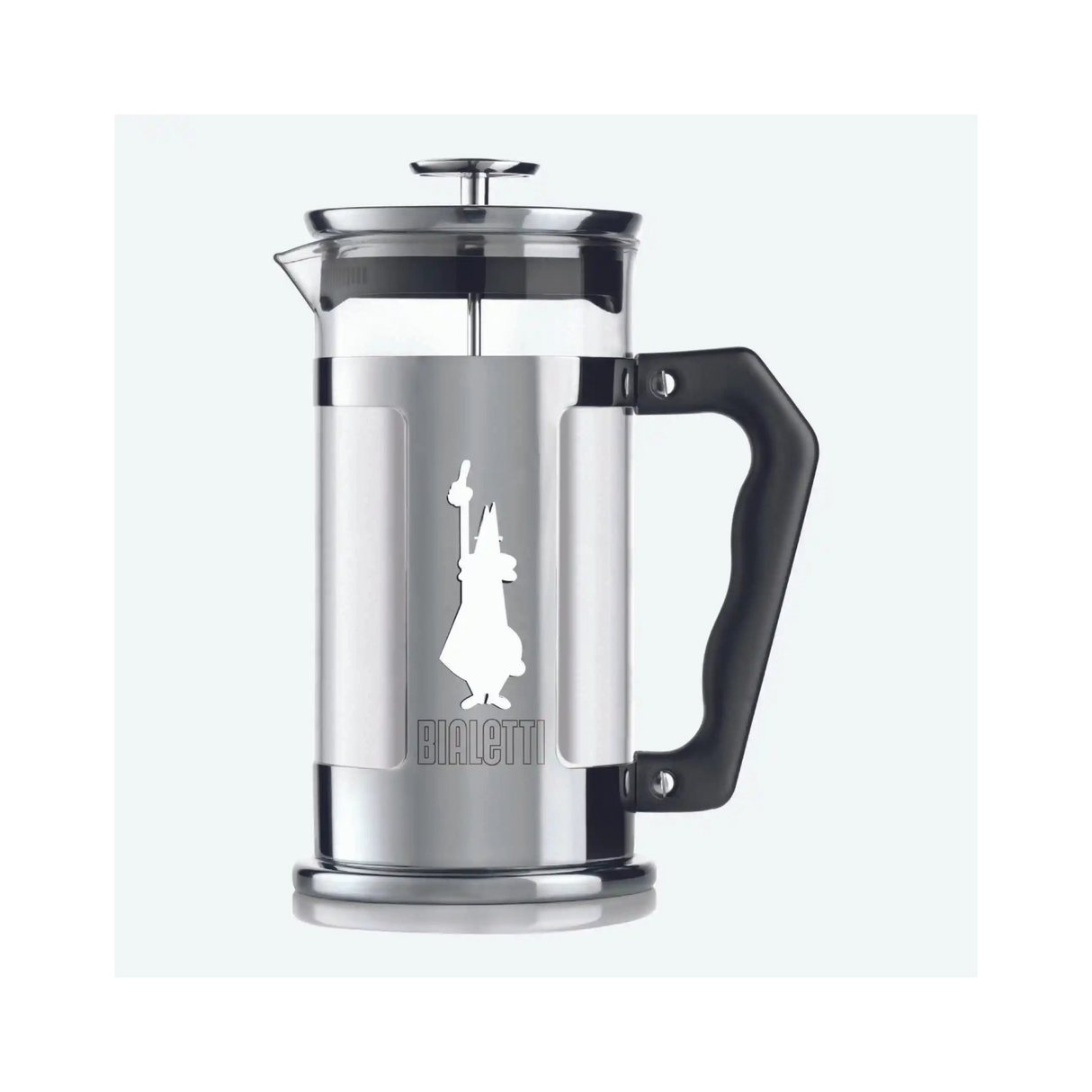 Bialetti Preziosa Pressofiltro 3 cup stainless steel and glass coffee press with black handle and plunger on white background