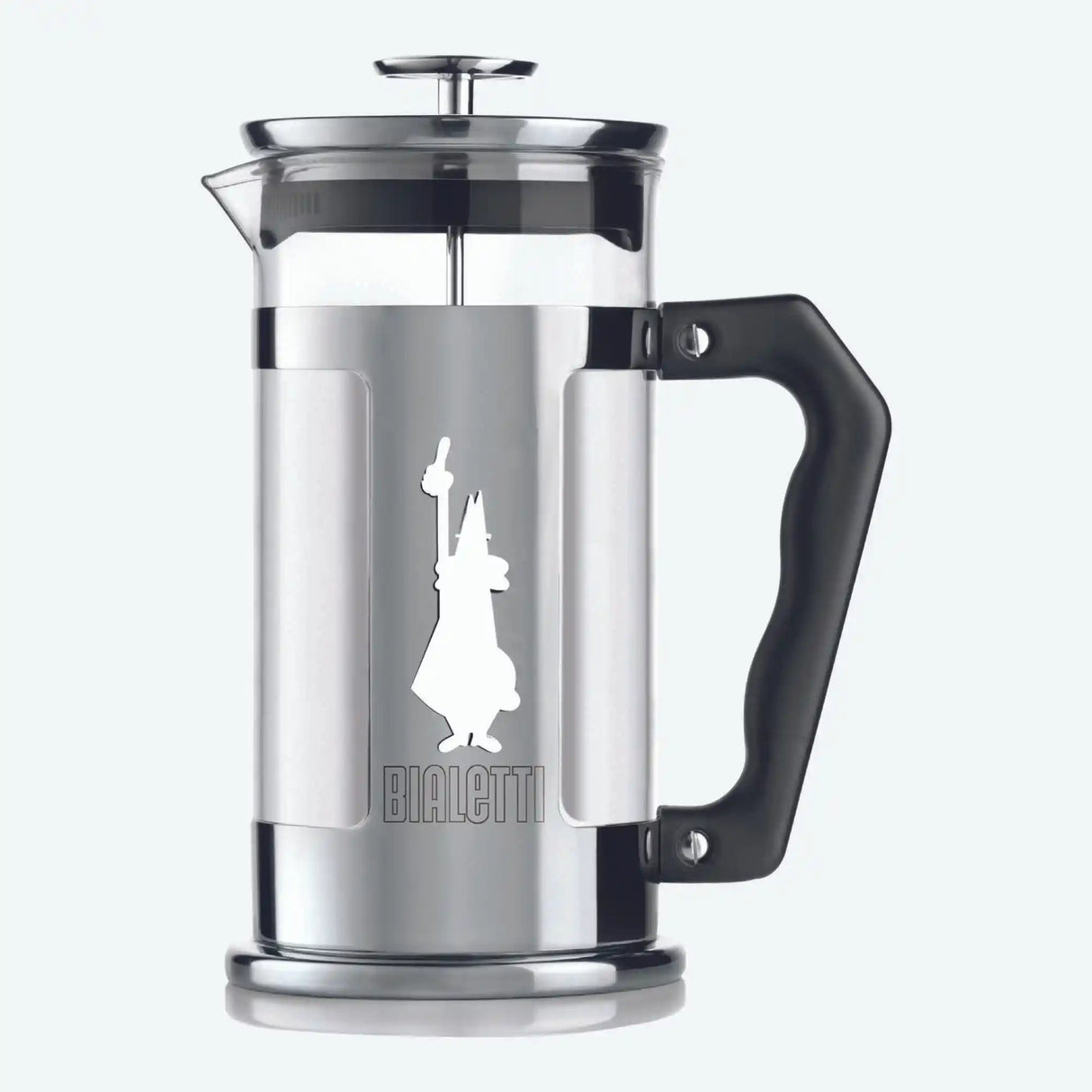 Bialetti Preziosa Pressofiltro 8 cup stainless steel coffee press with black handle and top, featuring the iconic Bialetti moka pot silhouette logo on the brushed silver body