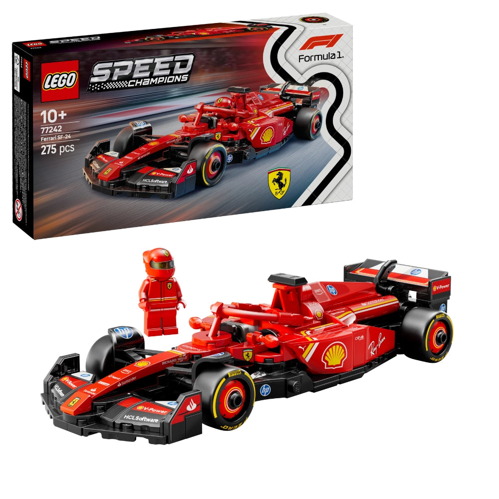 LEGO Speed Champions Ferrari SF-24 Formula 1 race car set 77242 showing red and black buildable F1 vehicle with Shell and Ray-Ban branding, includes minifigure driver and 275 pieces, displayed with original box packaging