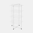 White metal tower clothes airer with four horizontal drying shelves, cross-base frame design, and black wheels for mobility