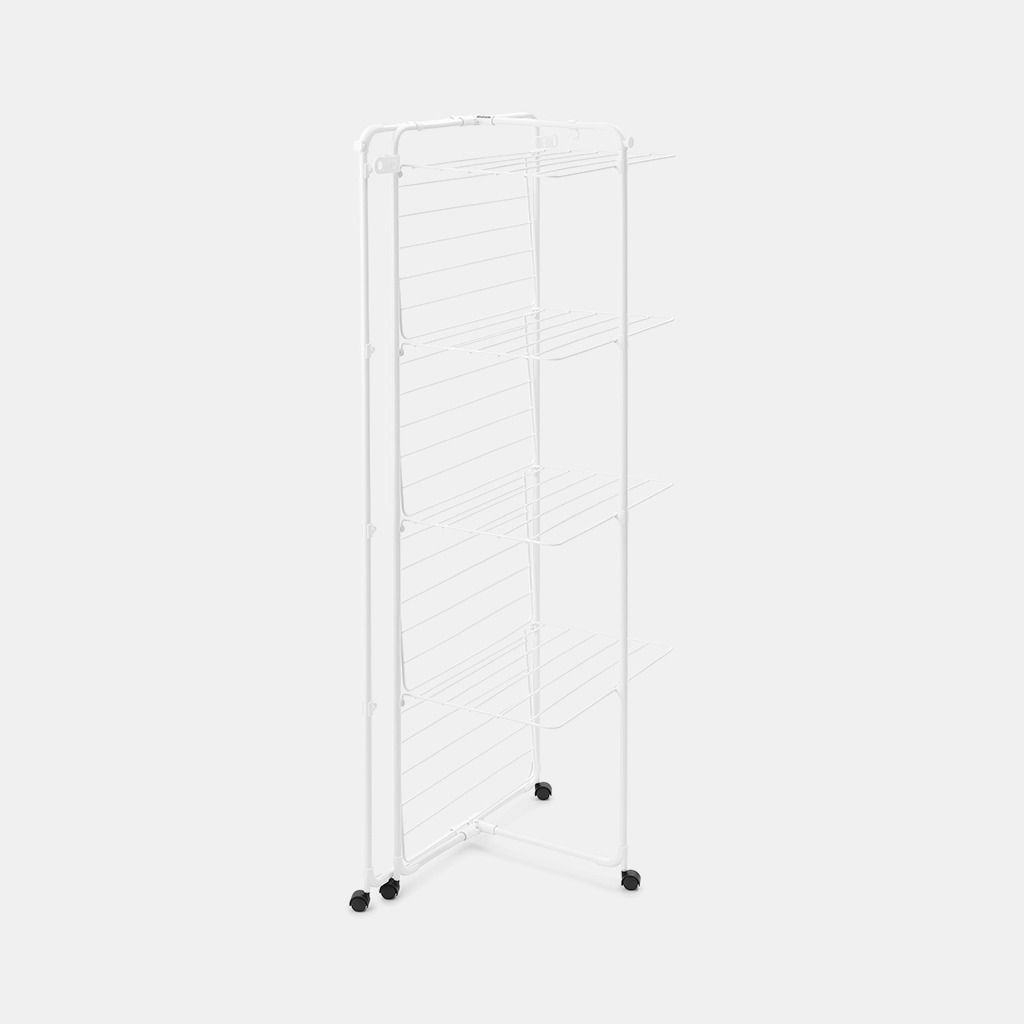 White metal freestanding clothes airer with multiple horizontal drying rails on a frame with black wheels, designed for air drying laundry indoors