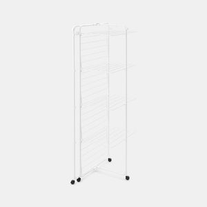 White metal freestanding clothes airer with multiple horizontal drying rails on a frame with black wheels, designed for air drying laundry indoors