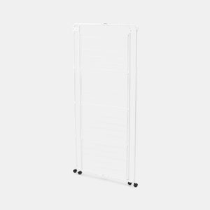 Brabantia Hang On Tower Clothes Airer in white with black caster wheels, featuring multiple horizontal drying rails for air drying laundry, shown against a neutral background